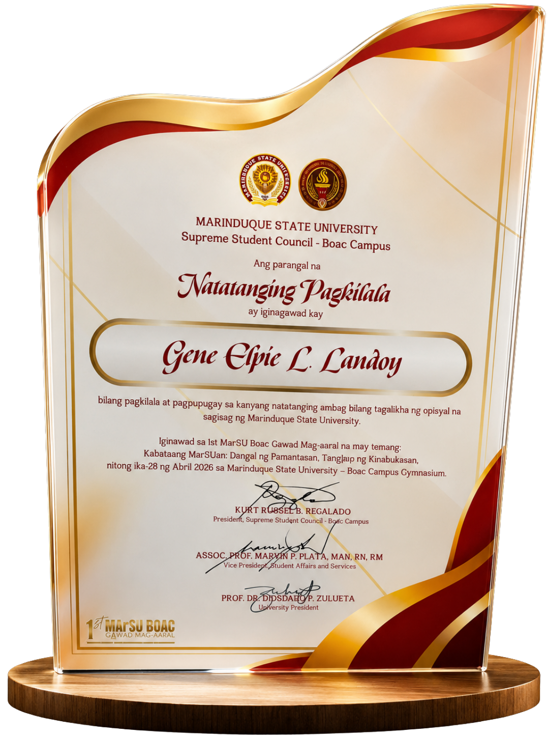 Distinguished Recognition Award plaque presented to Gene Elpie Landoy